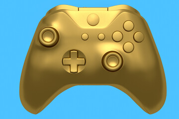 Realistic gold video game joystick on blue background. Concept of winner awards