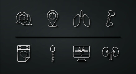 Set line Dialogue with the doctor, Doctor appointment, Human broken bone, Monitor cardiogram, Sperm, Location cross hospital, kidneys and Lungs icon. Vector