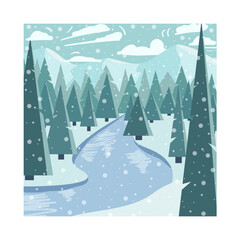 The image of a winter spruce forest and a frozen river against the backdrop of mountains.