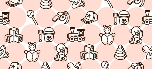 Seamless pattern of children's toys. Pyramid, rattle, cubes, tumbler, bear, train, scoop with bucket, whistle, cap, nipple.