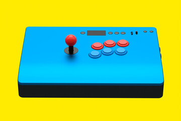 Vintage blue arcade stick with joystick and tournament-grade buttons on yellow