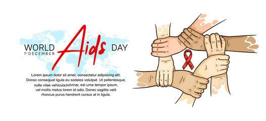 World AIDS Day with hand holding and red ribbon hand drawn style. Vector can be use for poster, campaign and banner