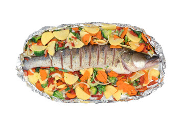 Fresh raw fish pike perch on foil for baking with vegetables, prepared for cooking, isolated on a...