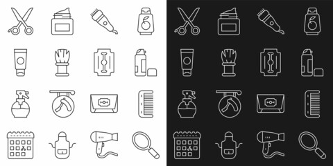 Set line Hand mirror, Hairbrush, Shaving gel foam, Electrical hair clipper, Cream cosmetic tube, Scissors hairdresser and Blade razor icon. Vector