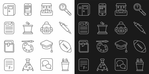 Set line Pencil case stationery, American football ball, School building, Stage stand, Dossier folder, classroom and backpack icon. Vector