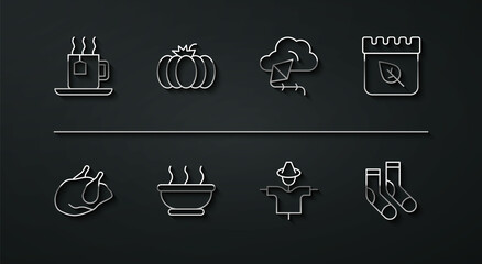 Set line Cup of tea with tea bag, Roasted turkey or chicken, Calendar autumn leaves, Scarecrow, Bowl hot soup, Pumpkin, Socks and Kite icon. Vector