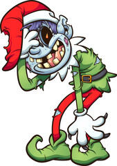 Christmas zombie elf with evil smile. Vector clip art illustration with simple gradients. All on a single layer.
