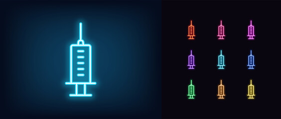 Outline neon syringe icon. Glowing neon injection sign, vaccination pictogram in vivid colors. Syringe with vaccine, medicine drug injection, medical injector. Vector icon set, symbol for UI