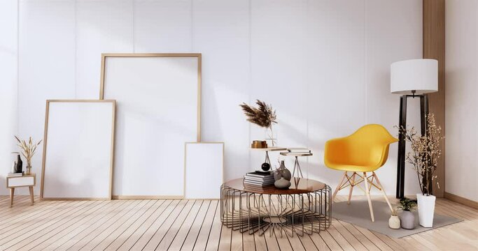 Interior,Living room modern minimalist has sofa and cabinet,plants,lamp on green wall and granite tiles floor.3D rendering