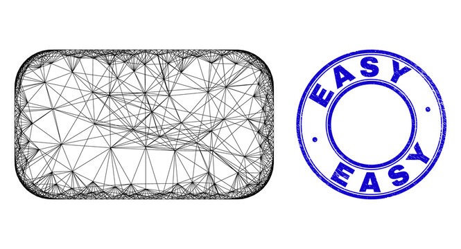 Wire frame irregular mesh rounded rectangle icon with Easy dirty round watermark. Abstract lines form rounded rectangle picture. Blue stamp seal includes Easy title inside round form.