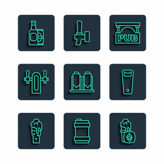 Set line Glass of beer, Metal keg, Street signboard with Pub, Beer brewing process, tap, bottle and can and Bottle opener icon. Vector