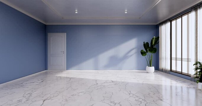 Empty room - Clean room ,Minimalist interior design, blue wall on granite tiles floor. 3d rendering