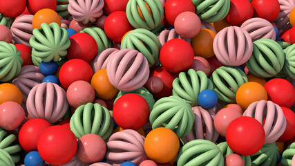 Fototapeta na wymiar Group of colorful balls. Red, green, pink, orange spheres. Abstract illustration, 3d render.