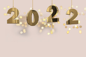  happy new year - 2022 in bold splendid golden digits hanging on strings creamy bokeh  background
