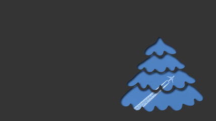 dark christmas tree concept card with copy space -  cutout with holiday plane in blue sky with fat contrail behind