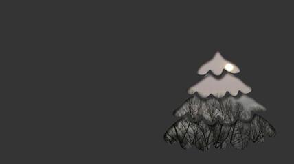 dark christmas tree concept card with copy space -  cutout with full moon clouds and frosted winter trees in the background