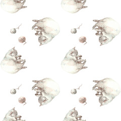 Cute cat with balls of thread - watercolor illustration pattern