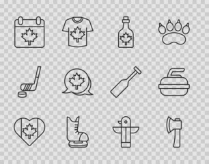Set line Heart shaped Canada flag, Wooden axe, Bottle of maple syrup, Skates, day with leaf, Canadian, totem pole and Stone for curling icon. Vector