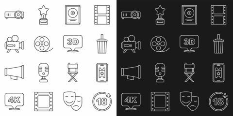 Set line Plus 18 movie, Buy cinema ticket online, Paper glass with water, CD disk award frame, Film reel, Retro camera, Movie, film, media projector and 3D word icon. Vector