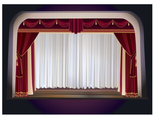 stage drapery. Red stage decoration. Interior illustration.