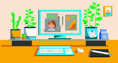 Designer's workplace. Flat style trendy vector illustration. Illustrator's desk with computer, drawing tablet, keyboard and house plants