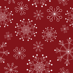 Seamless winter New Year pattern with white linear patterned snowflakes on a red background. 
Christmas elegant and graceful printable snowflake pattern.