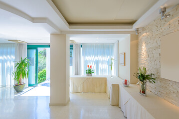 Fototapeta premium Large luxury dining room interior. New empty hotel or home space.