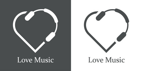 Logotipo lineal con texto Love Music con audifonos con forma de corazón para su uso en invitaciones y tarjetas de felicitación en fondo gris y fondo blanco