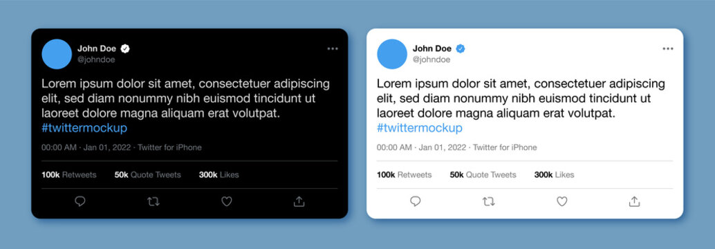 Twitter Post or Tweet Mockup With Editable Text. Vector Twitter Post Template with Editable Text. Twitter Social Media User Interface Mockup with Dark Mode and Light Mode Versions
