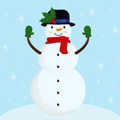 Snowman, carrot nose, hat, gloves, red scarf and snowflakes. Cute cartoon funny kawaii character. Blue winter snow background. Greeting card. Flat vector illustration