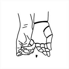 Human and robot hands hold each other with their little fingers. Isolated line fully editable illustration on white background.