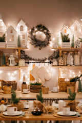 Christmas decor. electric garlands on decorated in kitchen for new year. 