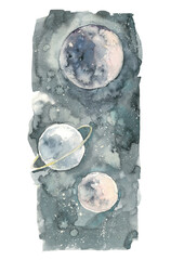 Cartoon space with planets and stars - isolated watercolor illustration for children