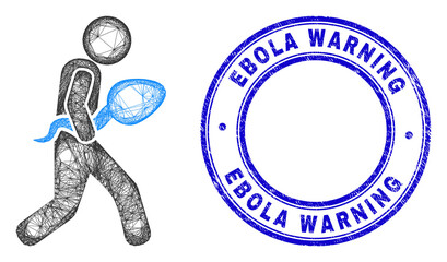 Wire frame irregular mesh sperm courier icon with Ebola Warning textured round stamp. Abstract lines form sperm courier picture. Blue stamp has Ebola Warning tag inside round form.