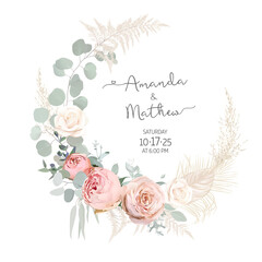 Pink and garden roses, dried leaves, eucalyptus vector design round invitation frame