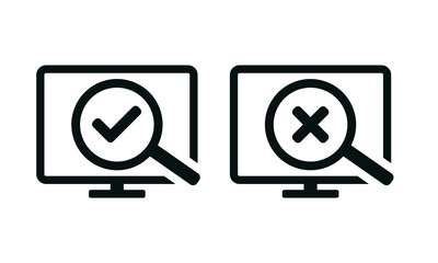 Computer with magnifying glass and Check mark on screen. Illustration vector