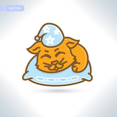 A cute cat sleeps. Ginger cat sleeping on a blue pillow. Vector illustration. Kindergarten sticker.
