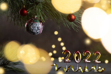 Fototapeta na wymiar 2022. Symbol of the year of the tiger according to the lunar Chinese calendar. Year of the Tiger. Christmas background with Christmas decorations. Copy space