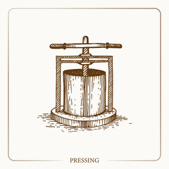 Pressing apples to make cider, hydraulic press Vintage sketch garden background. Hand drawn design. Vector illustration. 