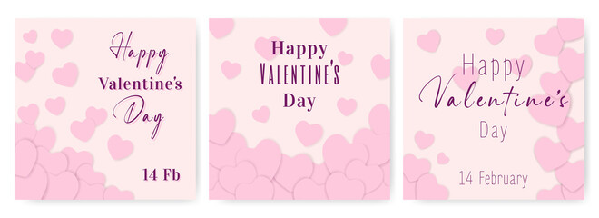 Happy Valentine's day card. Many Pink hearts and text on light background. Elegant  romantic design  for Postcard, Greeting card, flyer, invitation. Celebration concept. Vector.