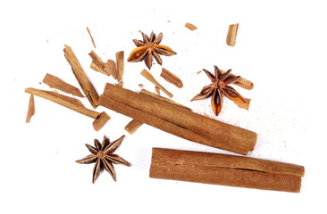 Star anise and cinnamon stick isolated on white background, top view 