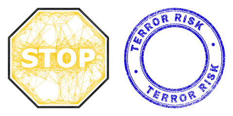 Hatched irregular mesh octagon warning stop icon, and Terror Risk grunge round seal print. Abstract lines form octagon warning stop picture.