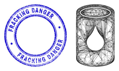 Carcass irregular mesh oil barrel icon, and Fracking Danger rubber round seal print. Abstract lines are combined into oil barrel illustration.