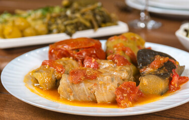 Dolma with cabbage, eggplant, tomatoes and pepper. Cabbage rolls with meat, rice and vegetables.Traditional Caucasian, Ottoman, Turkish cuisine.