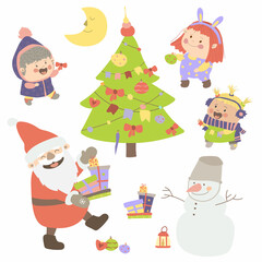 New Year's Elements set on a white background. Santa Claus, cheerful girls and snowman decorate the Christmas tree. Vector illustration in cartoon style. Hand drawing. Isolate. For print, web design.