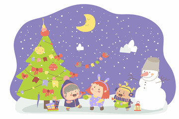 Cheerful girls decorate the Christmas tree. The snowman looks at the girls and the Christmas tree. Vector illustration in cartoon style. Hand drawing. For print, web design.