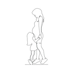 Continuous line drawing. A happy pregnant woman walking with her little daughter, silhouette. Vector illustration