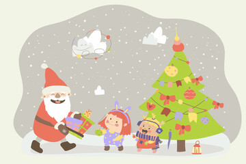 Santa Claus carries presents. Cheerful girls decorate the Christmas tree and sing Christmas songs. Vector illustration in cartoon style. Hand drawing. Isolate. For print, web design.
