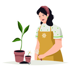 The gardener girl is planting plants in pots. Vector illustration.