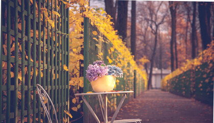 a vase of flowers is on a table outside. hydrangeas in a vase on a white table. green fence and yellow leaves